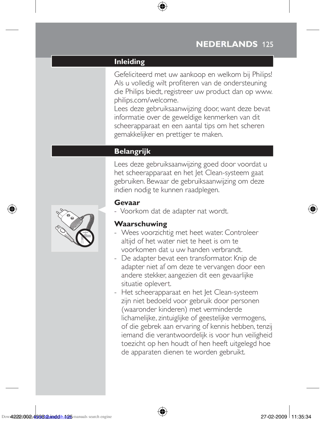 Philips HQ8260CC, HQ8270CC manual Inleiding, Belangrijk, Gevaar, Voorkom dat de adapter nat wordt, Waarschuwing 