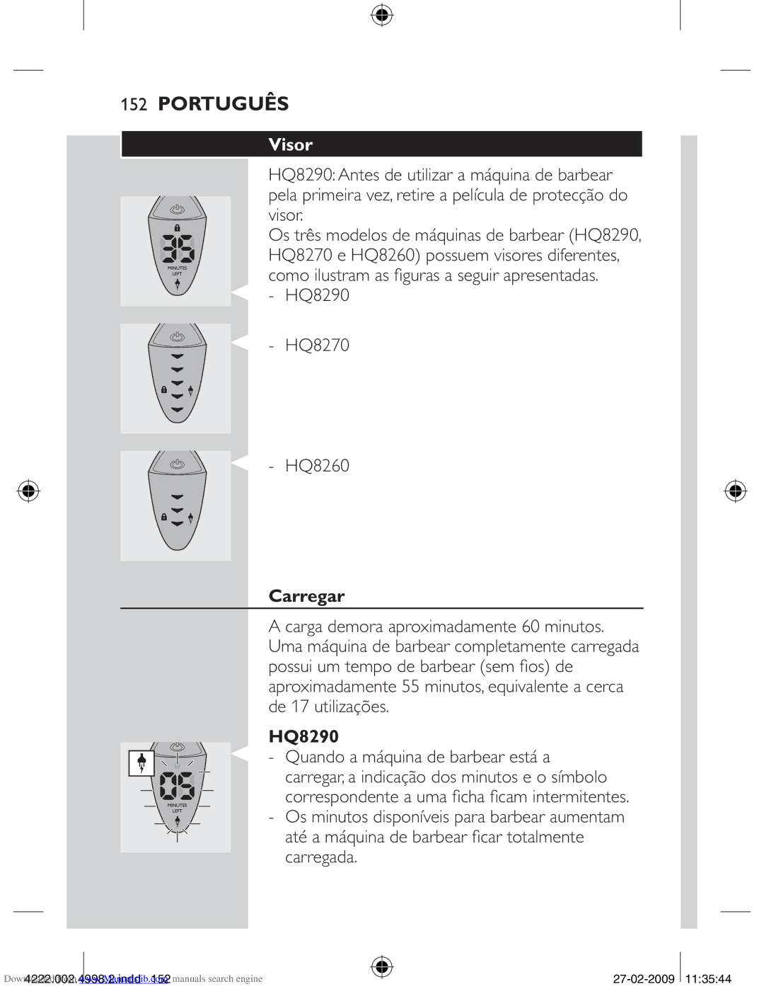 Philips HQ8270CC, HQ8260CC manual Visor, Carregar 