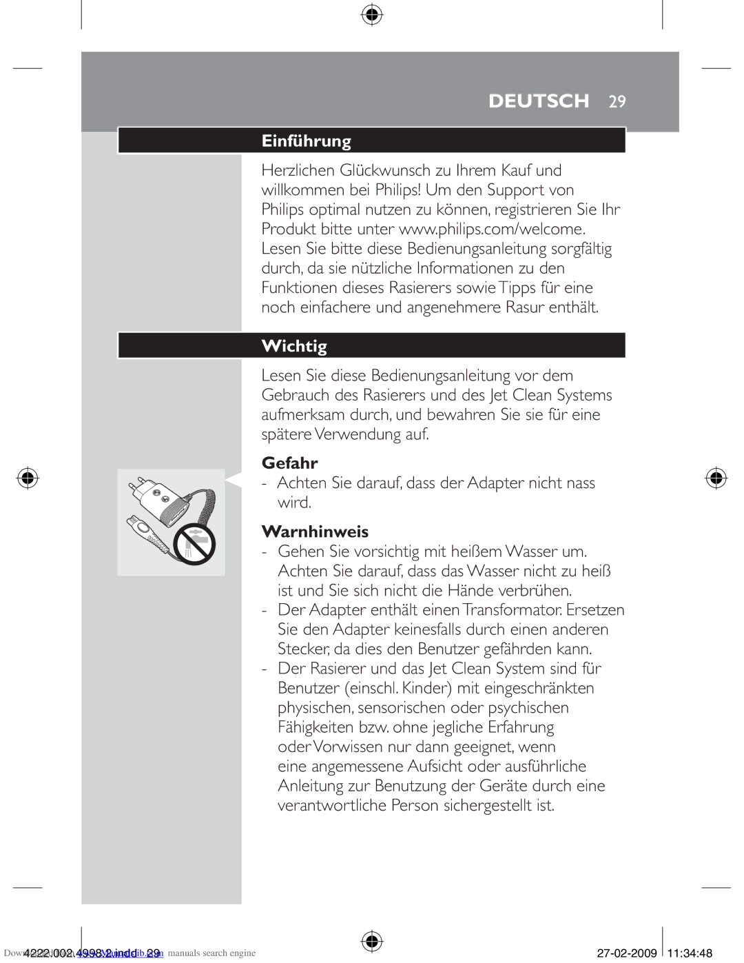 Philips HQ8260CC, HQ8270CC Einführung Wichtig, Gefahr, Achten Sie darauf, dass der Adapter nicht nass wird, Warnhinweis 