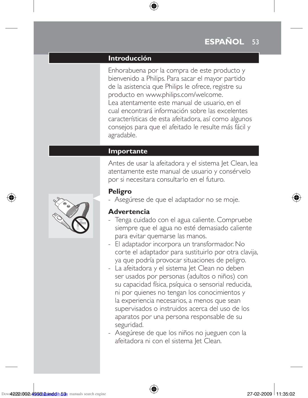 Philips HQ8260CC, HQ8270CC manual Introducción, Importante, Peligro, Asegúrese de que el adaptador no se moje, Advertencia 