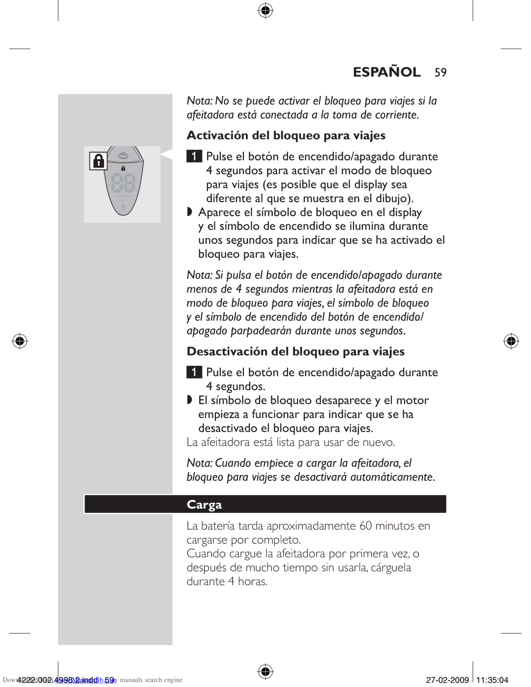 Philips HQ8260CC, HQ8270CC manual Activación del bloqueo para viajes, Desactivación del bloqueo para viajes, Carga 