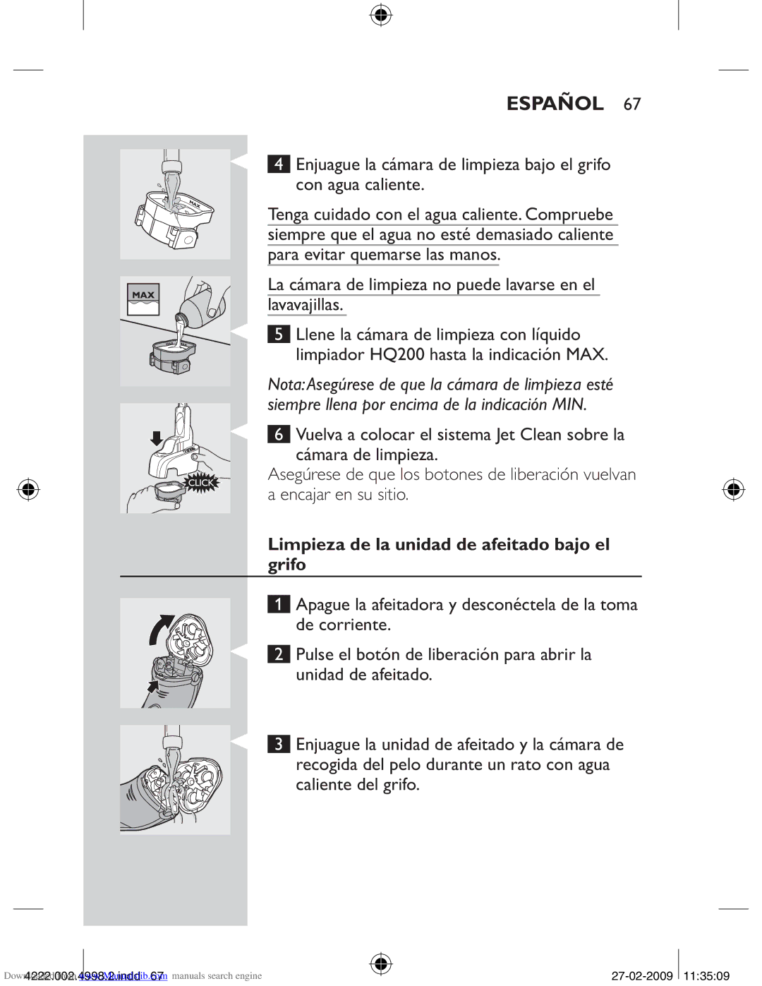 Philips HQ8260CC, HQ8270CC manual Limpieza de la unidad de afeitado bajo el grifo 