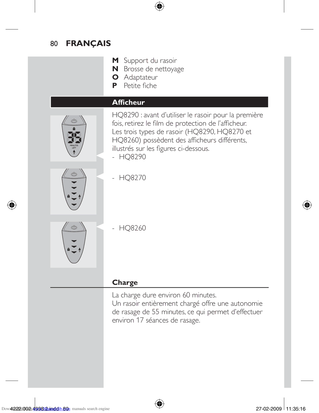 Philips HQ8270CC, HQ8260CC manual Petite ﬁche, Afﬁcheur, Charge, La charge dure environ 60 minutes 