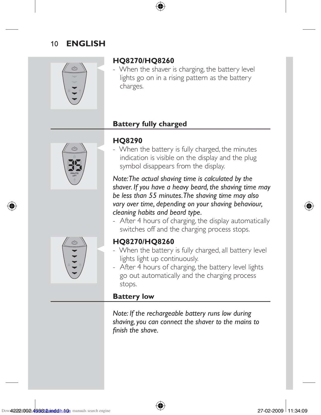 Philips HQ8270CC, HQ8260CC manual HQ8270/HQ8260, Battery fully charged HQ8290, Battery low 