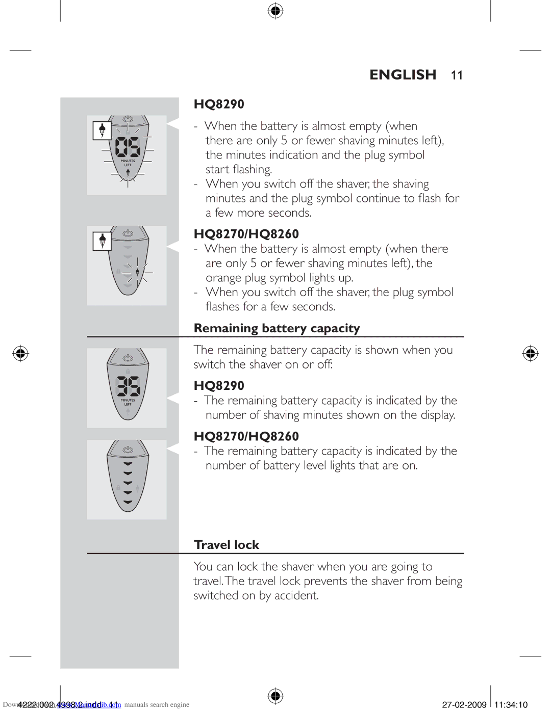 Philips HQ8260CC, HQ8270CC manual Remaining battery capacity, Travel lock 