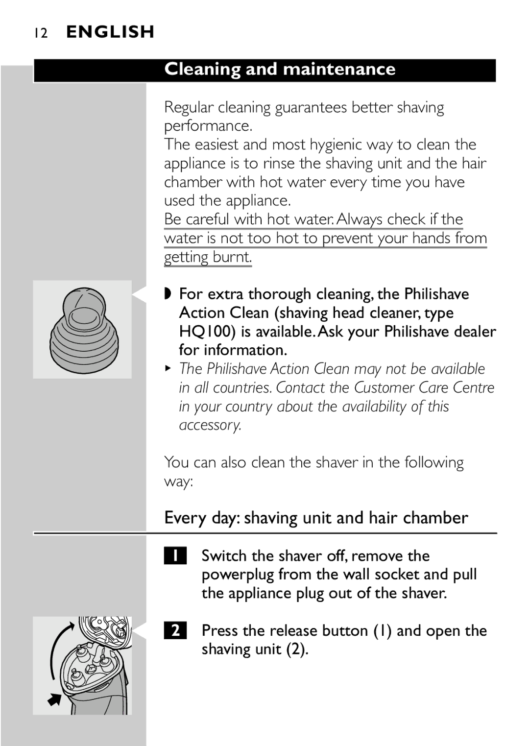 Philips HQ8894 manual Cleaning and maintenance, Every day shaving unit and hair chamber 