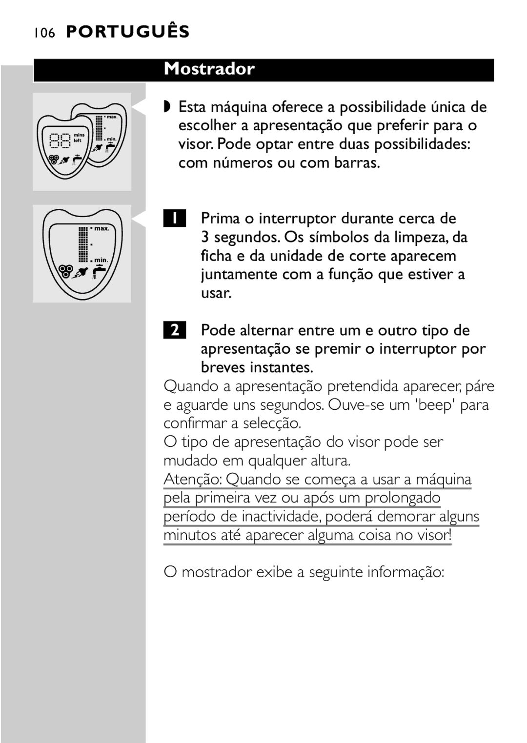 Philips HQ8894 manual Português Mostrador 