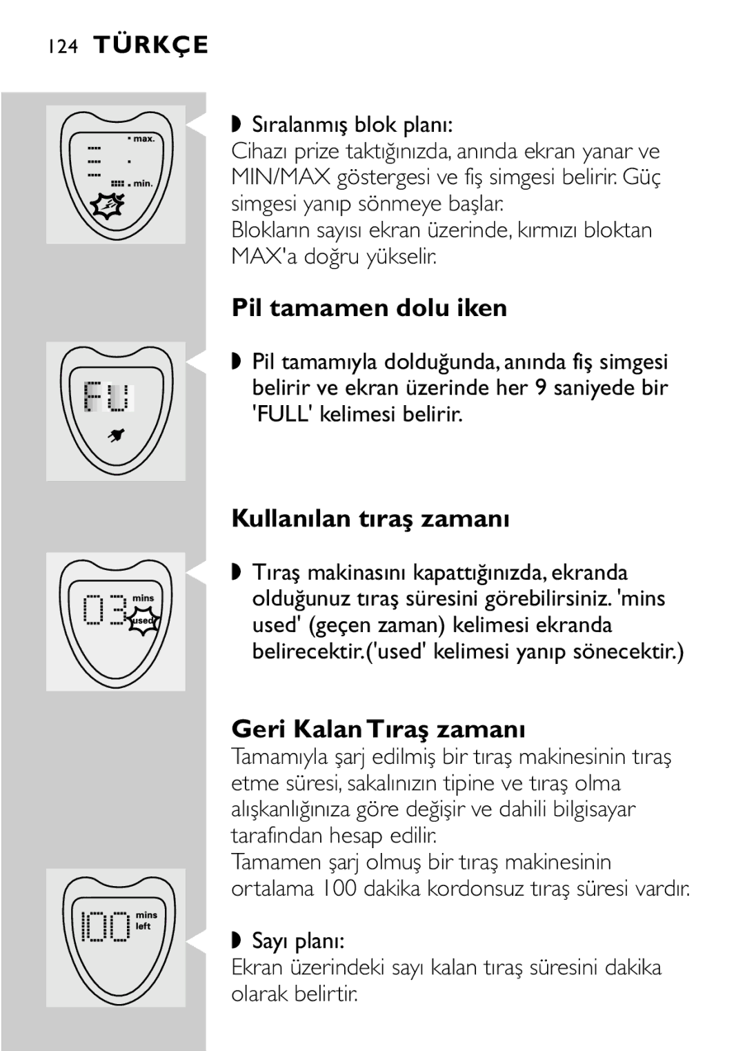 Philips HQ8894 manual Pil tamamen dolu iken, Kullanılan tıraş zamanı, Geri Kalan Tıraş zamanı, Sıralanmış blok planı 