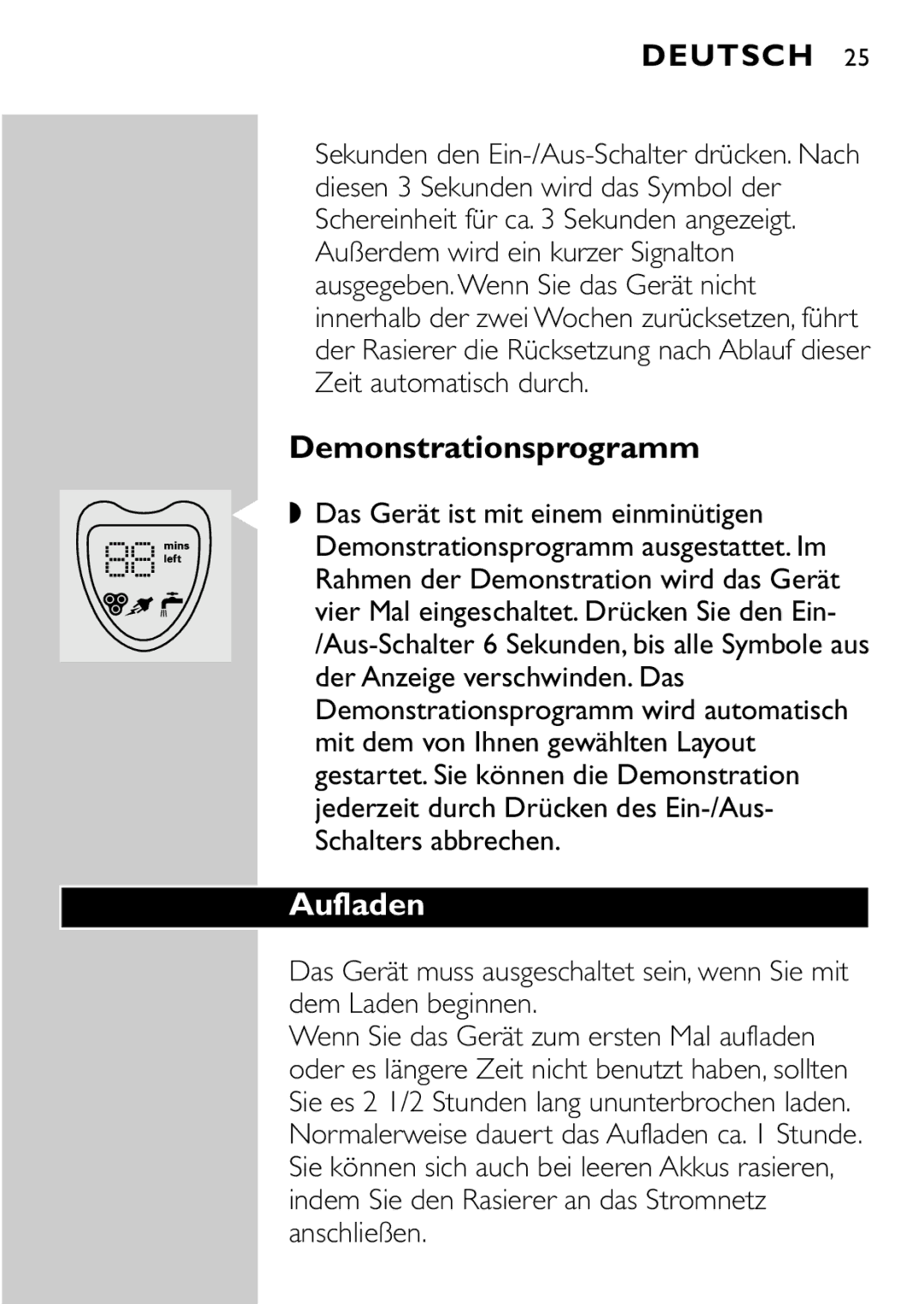 Philips HQ8894 manual Demonstrationsprogramm, Aufladen 