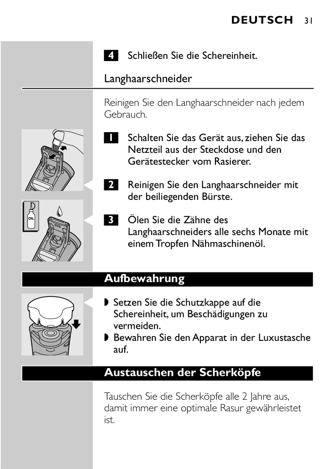 Philips HQ8894 manual Langhaarschneider, Aufbewahrung, Austauschen der Scherköpfe 