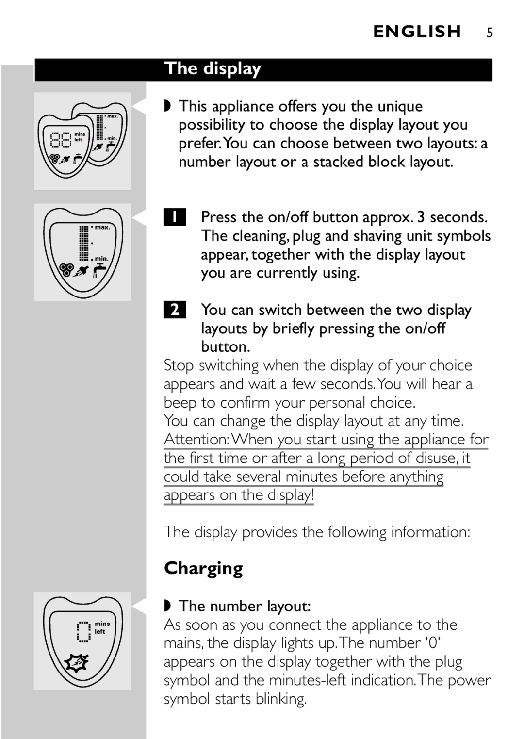 Philips HQ8894 manual Display, Charging, Number layout 