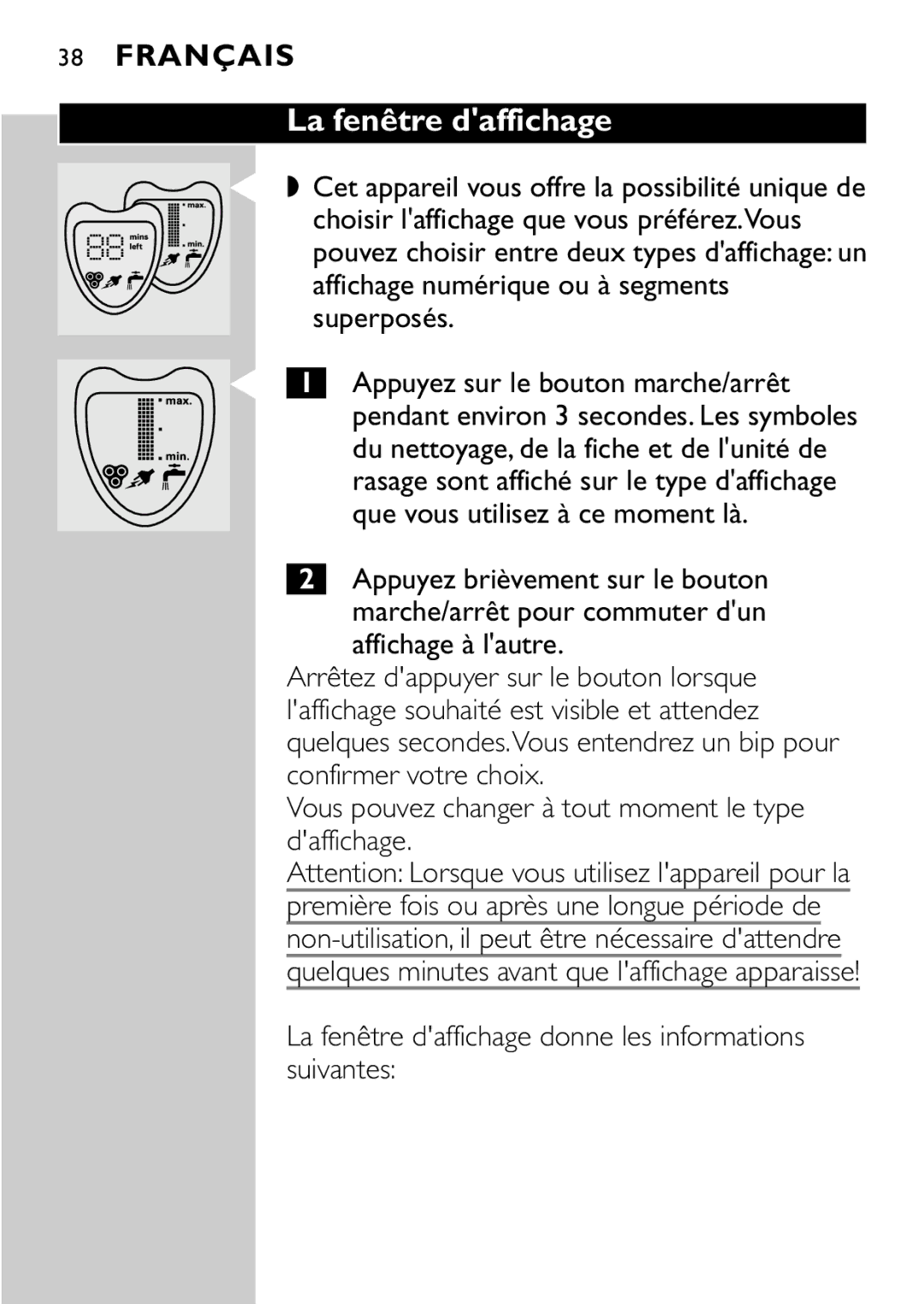 Philips HQ8894 manual La fenêtre daffichage donne les informations suivantes 