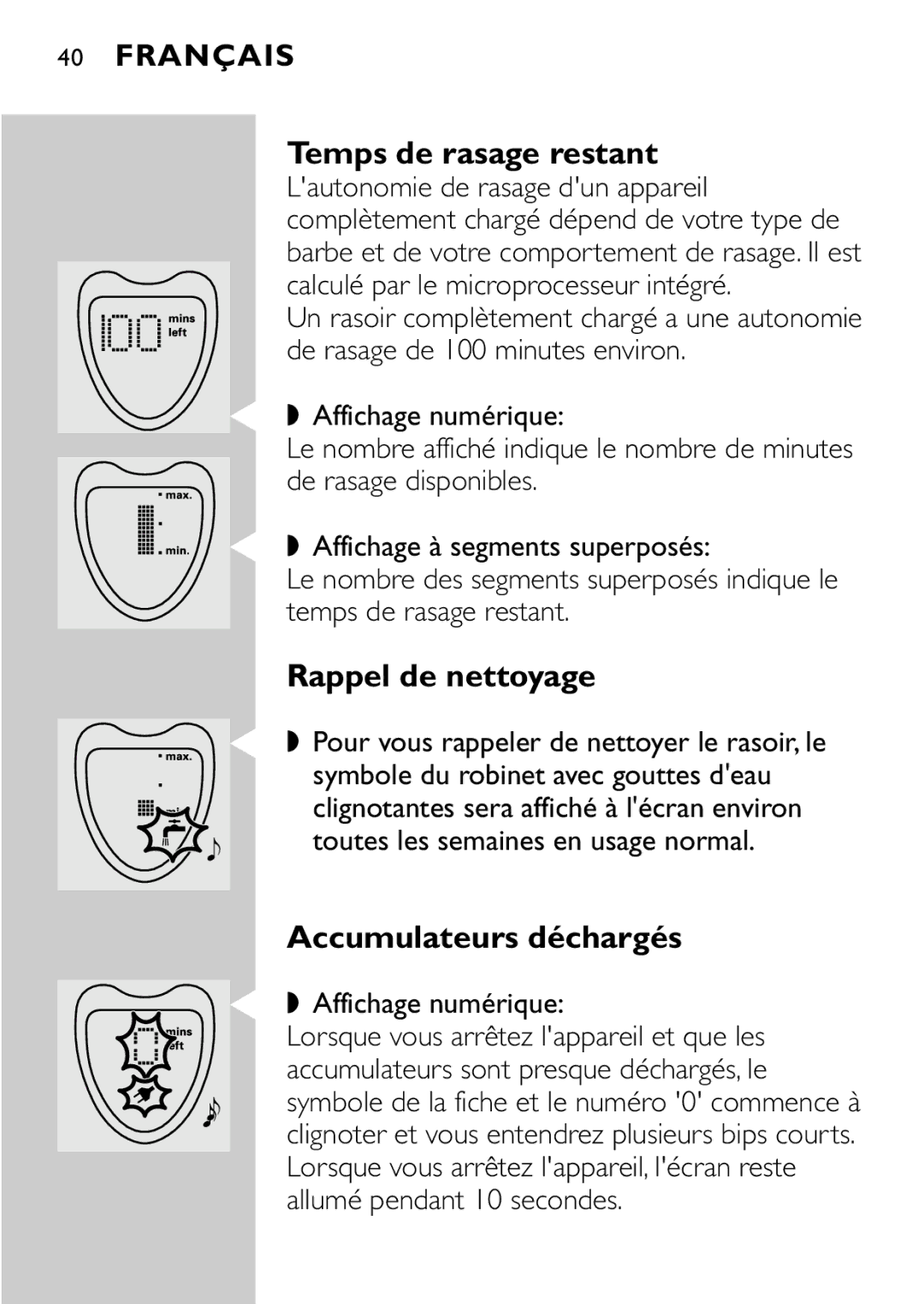 Philips HQ8894 manual Temps de rasage restant, Rappel de nettoyage, Accumulateurs déchargés, Affichage numérique 