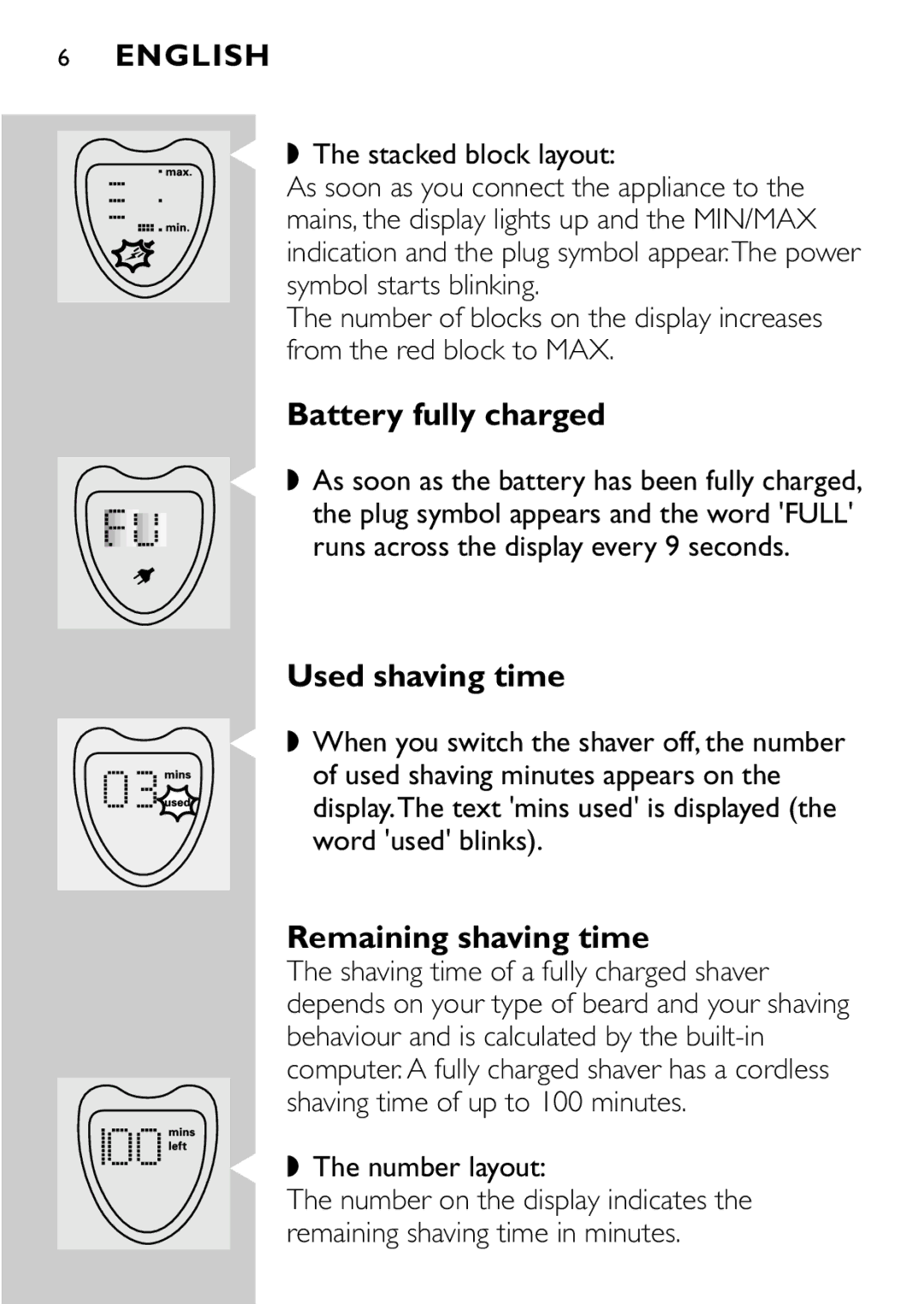 Philips HQ8894 manual Battery fully charged, Used shaving time, Remaining shaving time 