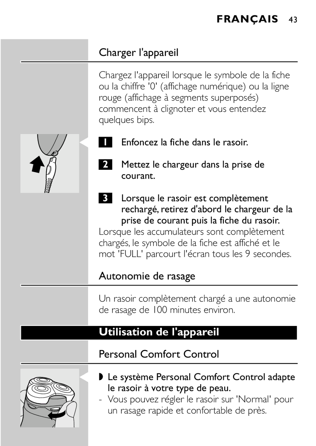 Philips HQ8894 manual Charger lappareil, Autonomie de rasage, Utilisation de lappareil 