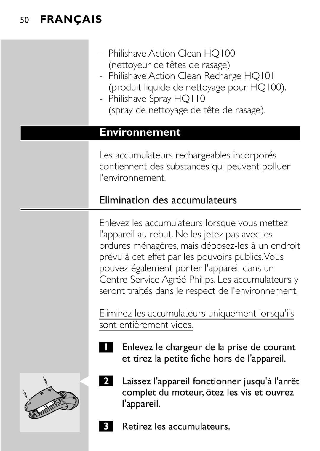 Philips HQ8894 Environnement, Elimination des accumulateurs, Philishave Spray HQ110 Spray de nettoyage de tête de rasage 