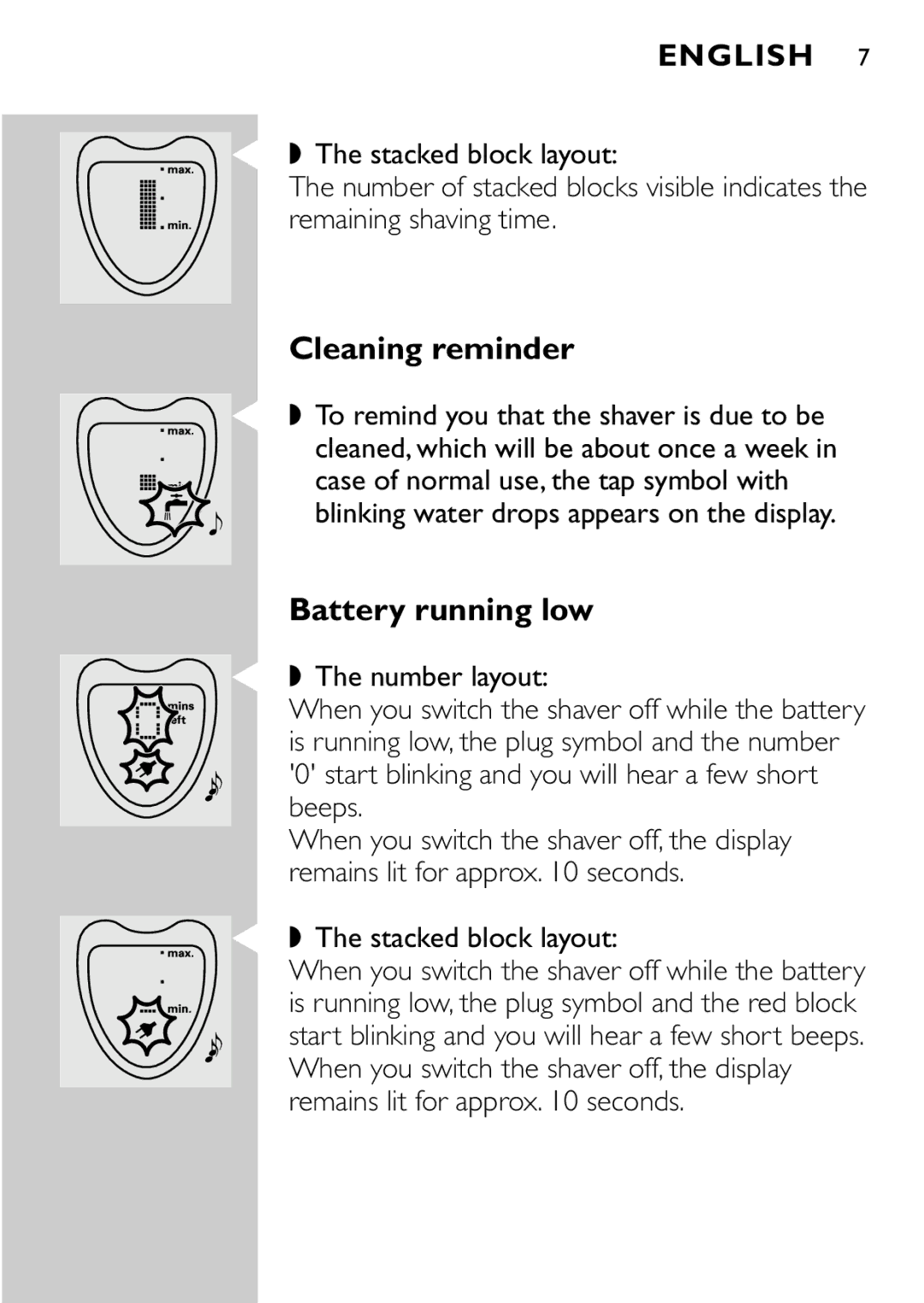 Philips HQ8894 manual Cleaning reminder, Battery running low, Stacked block layout 