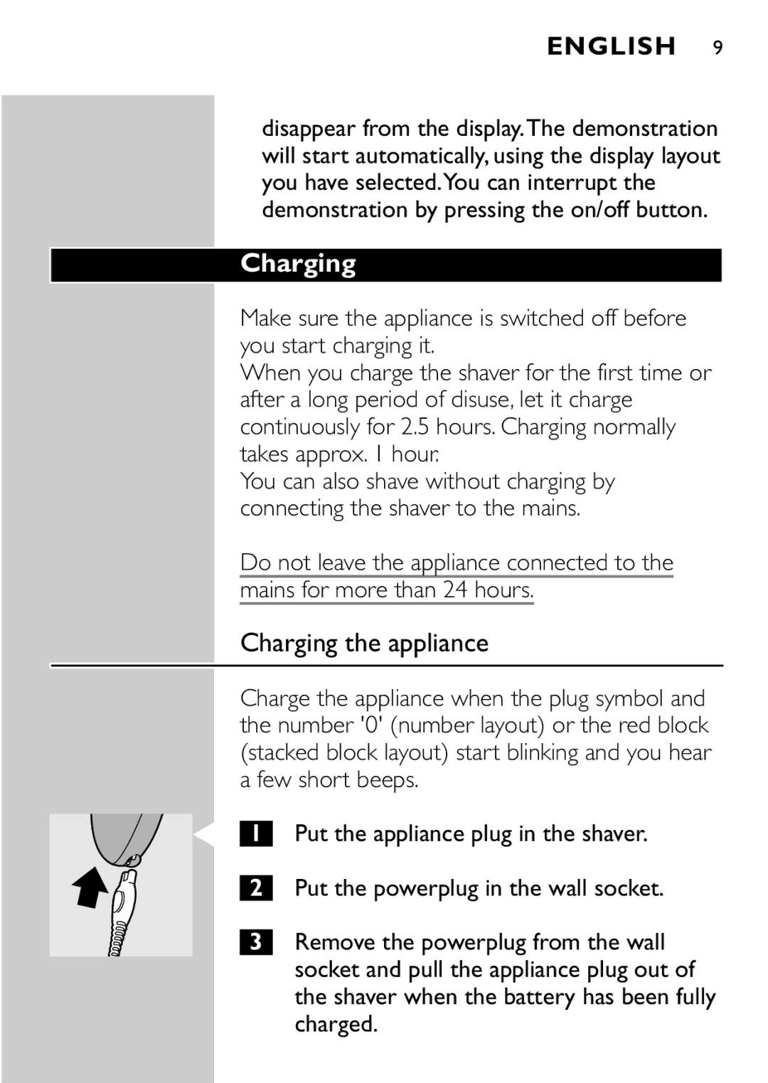 Philips HQ8894 manual Charging the appliance 