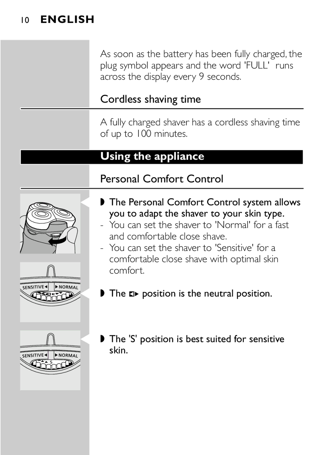 Philips HQ8894 manual Cordless shaving time, Using the appliance, Personal Comfort Control 