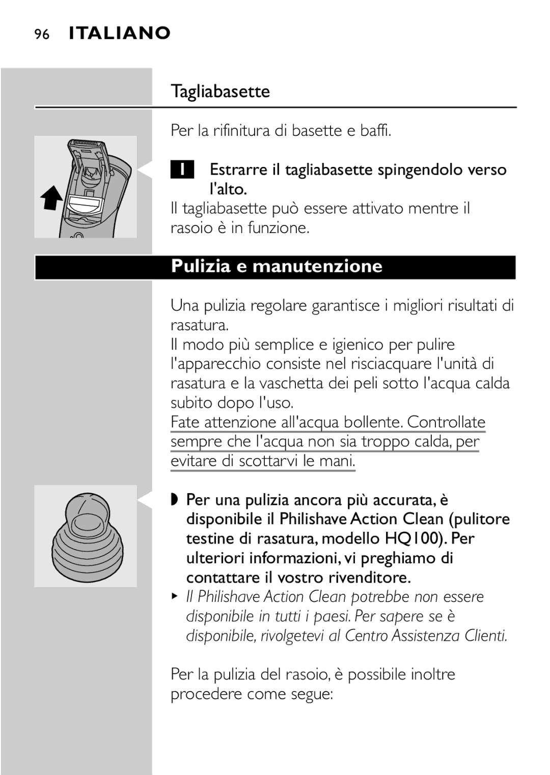 Philips HQ8894 manual Tagliabasette, Pulizia e manutenzione 