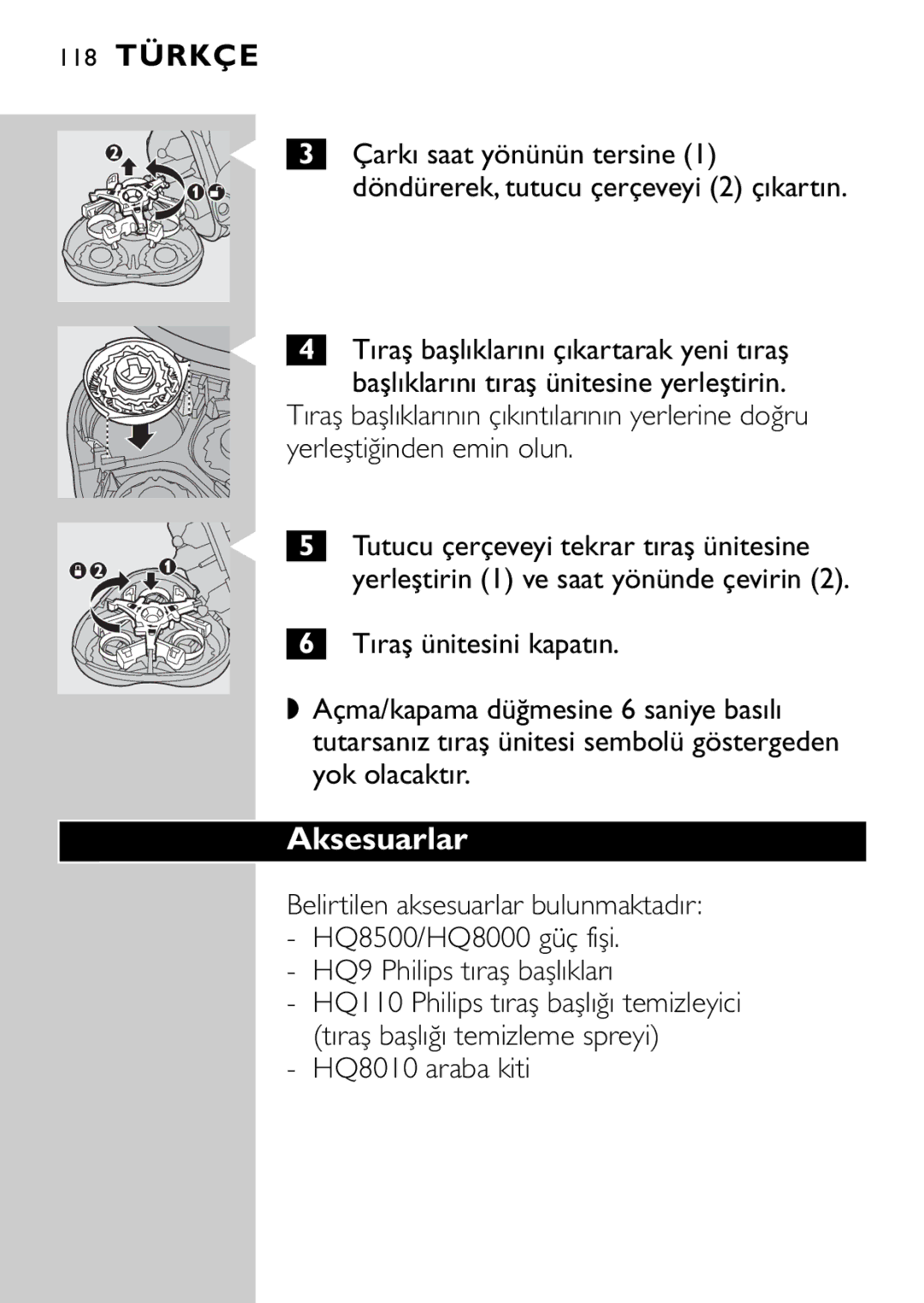 Philips HQ9160, HQ9161 manual Aksesuarlar, HQ8010 araba kiti 