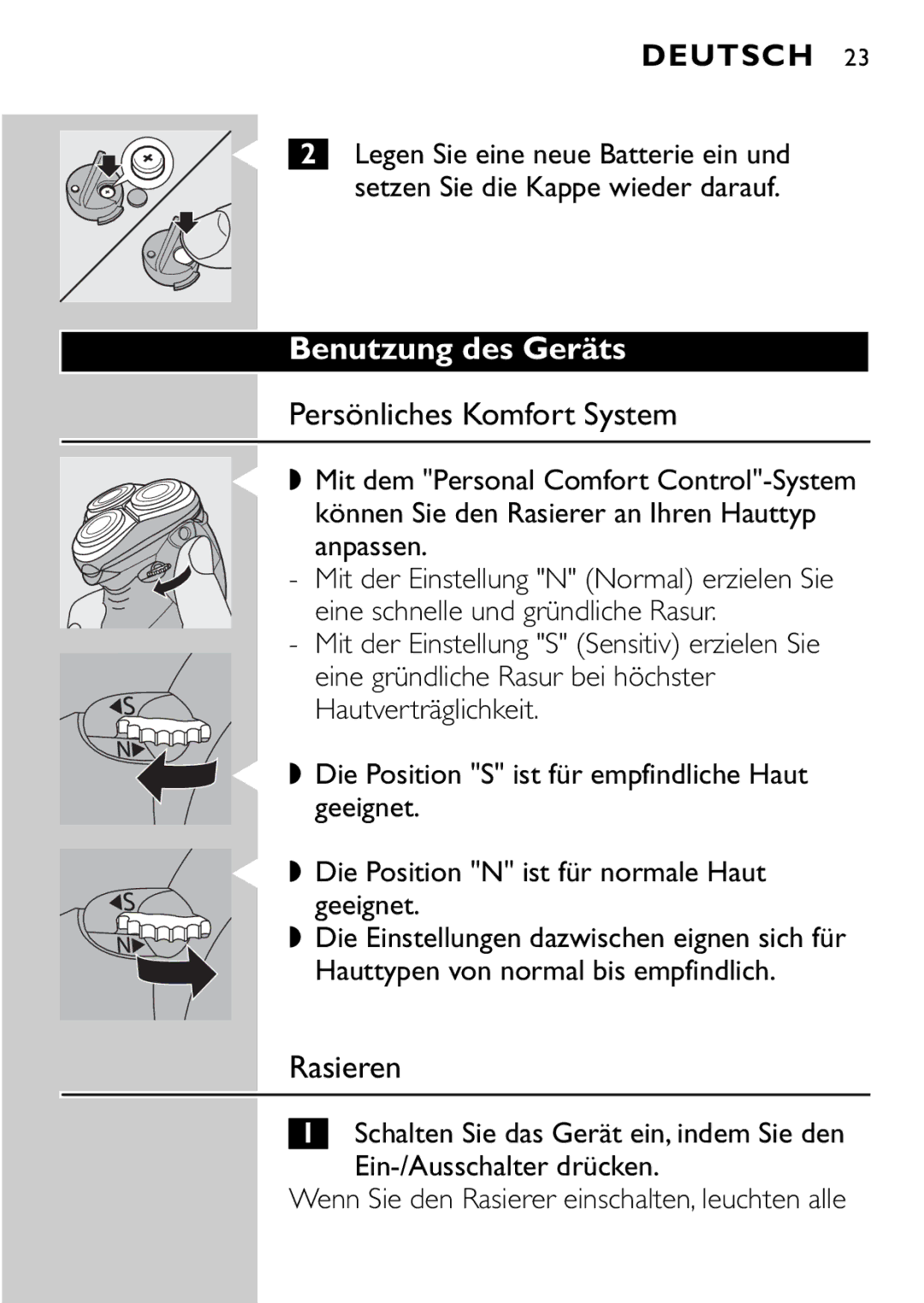 Philips HQ9161, HQ9160 manual Benutzung des Geräts, Persönliches Komfort System, Rasieren, Ein-/Ausschalter drücken 