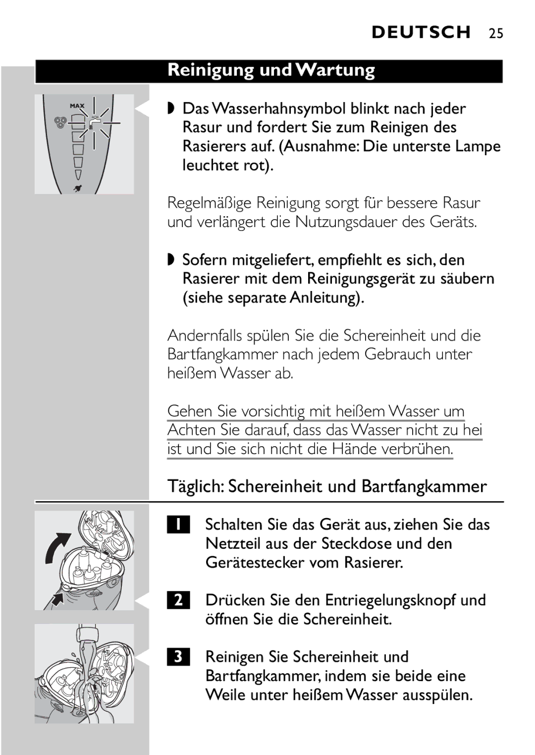 Philips HQ9161, HQ9160 manual Reinigung und Wartung, Täglich Schereinheit und Bartfangkammer 