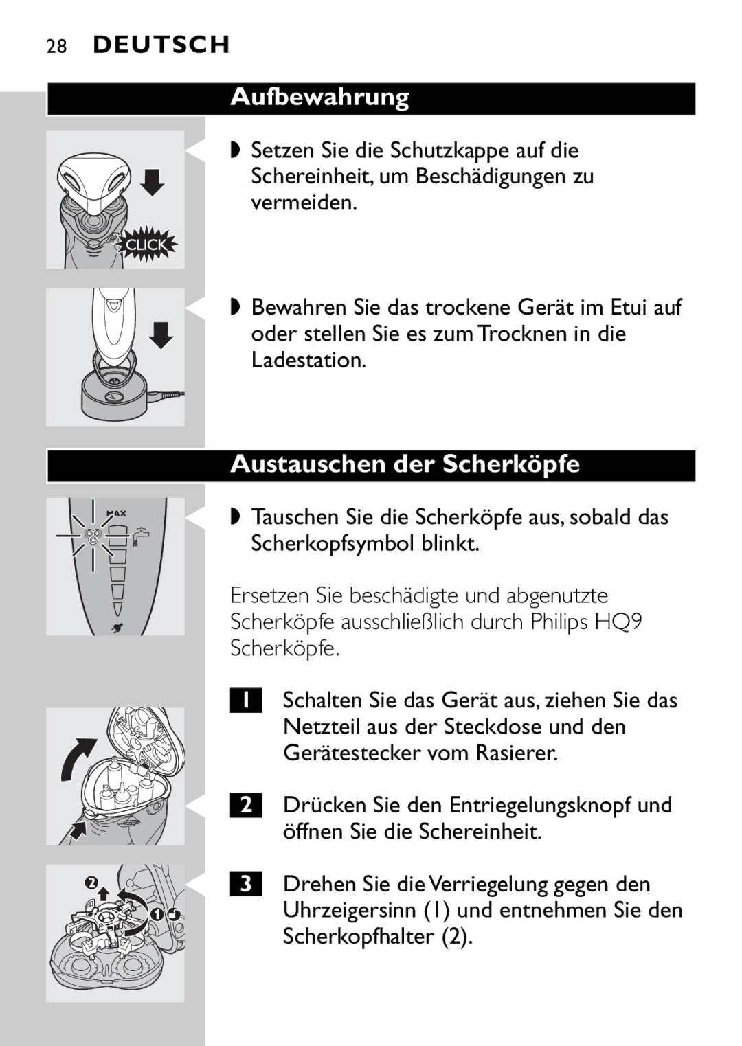 Philips HQ9160, HQ9161 manual Aufbewahrung, Austauschen der Scherköpfe 