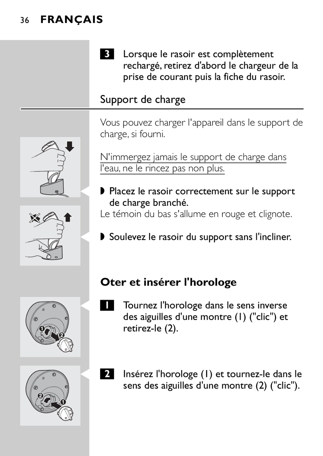 Philips HQ9160, HQ9161 manual Support de charge, Oter et insérer lhorologe 