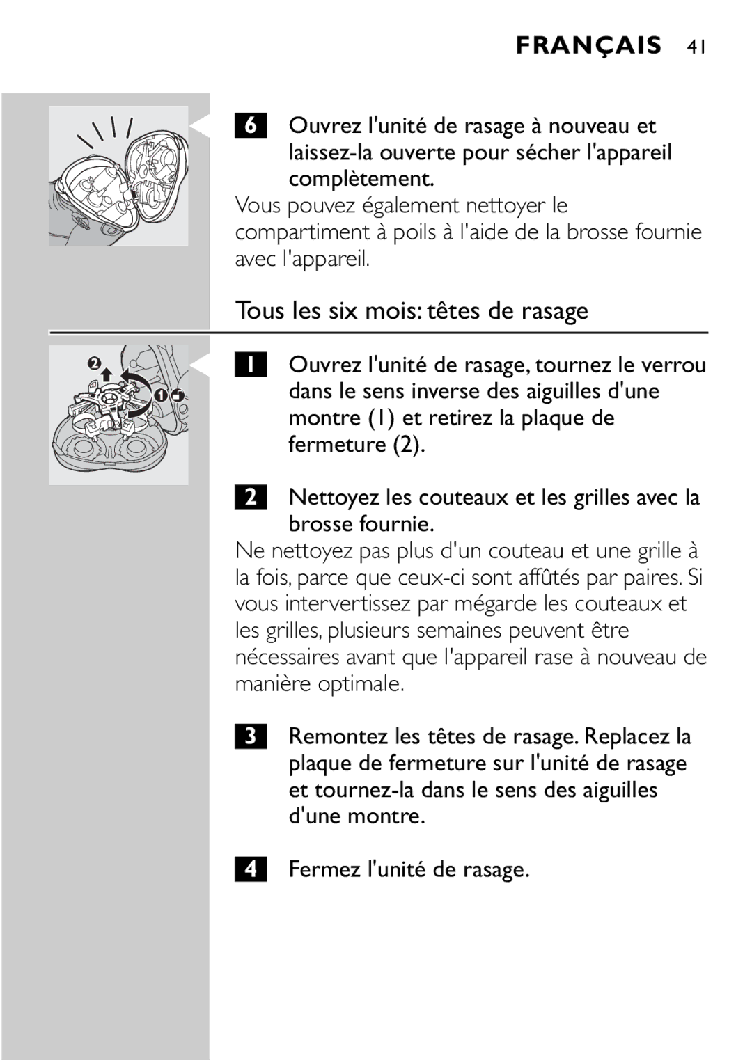 Philips HQ9161, HQ9160 manual Tous les six mois têtes de rasage 