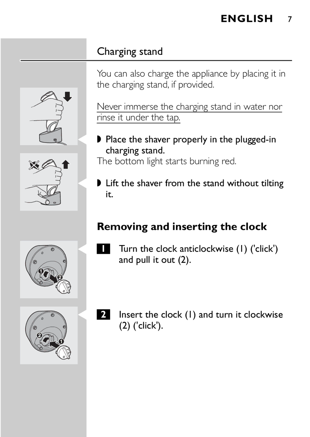 Philips HQ9161, HQ9160 manual Charging stand, Removing and inserting the clock 