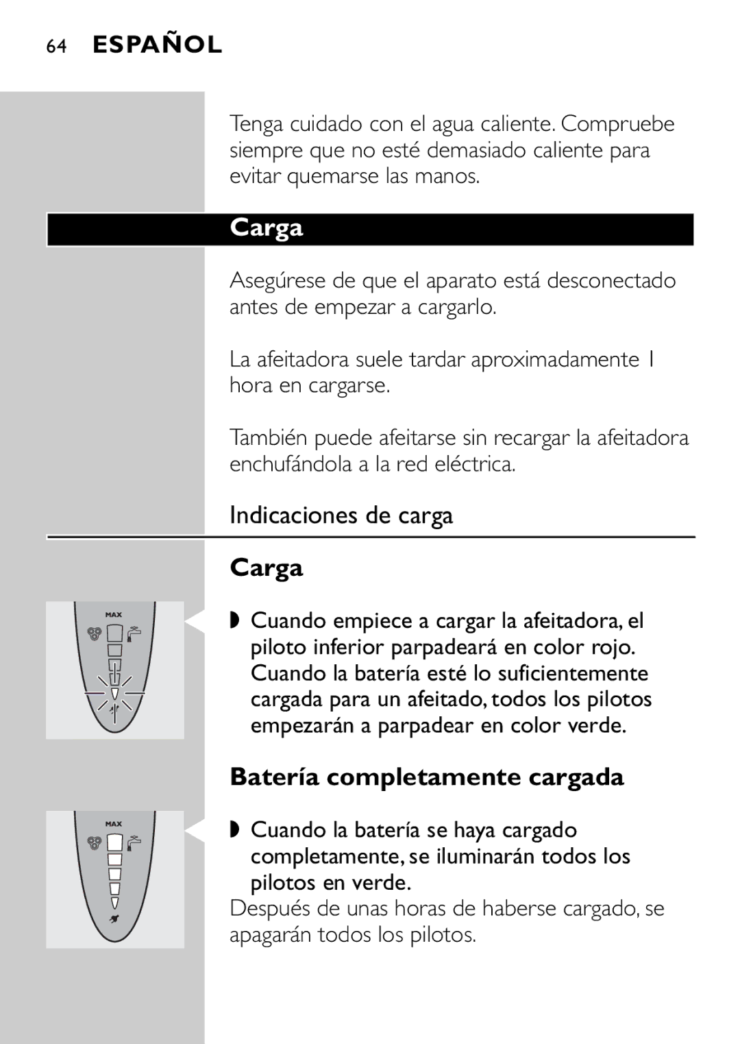 Philips HQ9160, HQ9161 manual Carga, Indicaciones de carga, Batería completamente cargada 