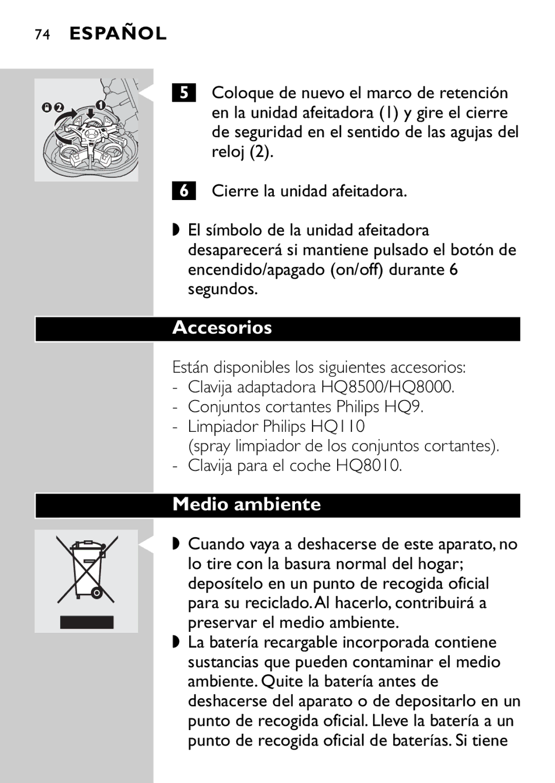 Philips HQ9160, HQ9161 manual Accesorios, Medio ambiente 