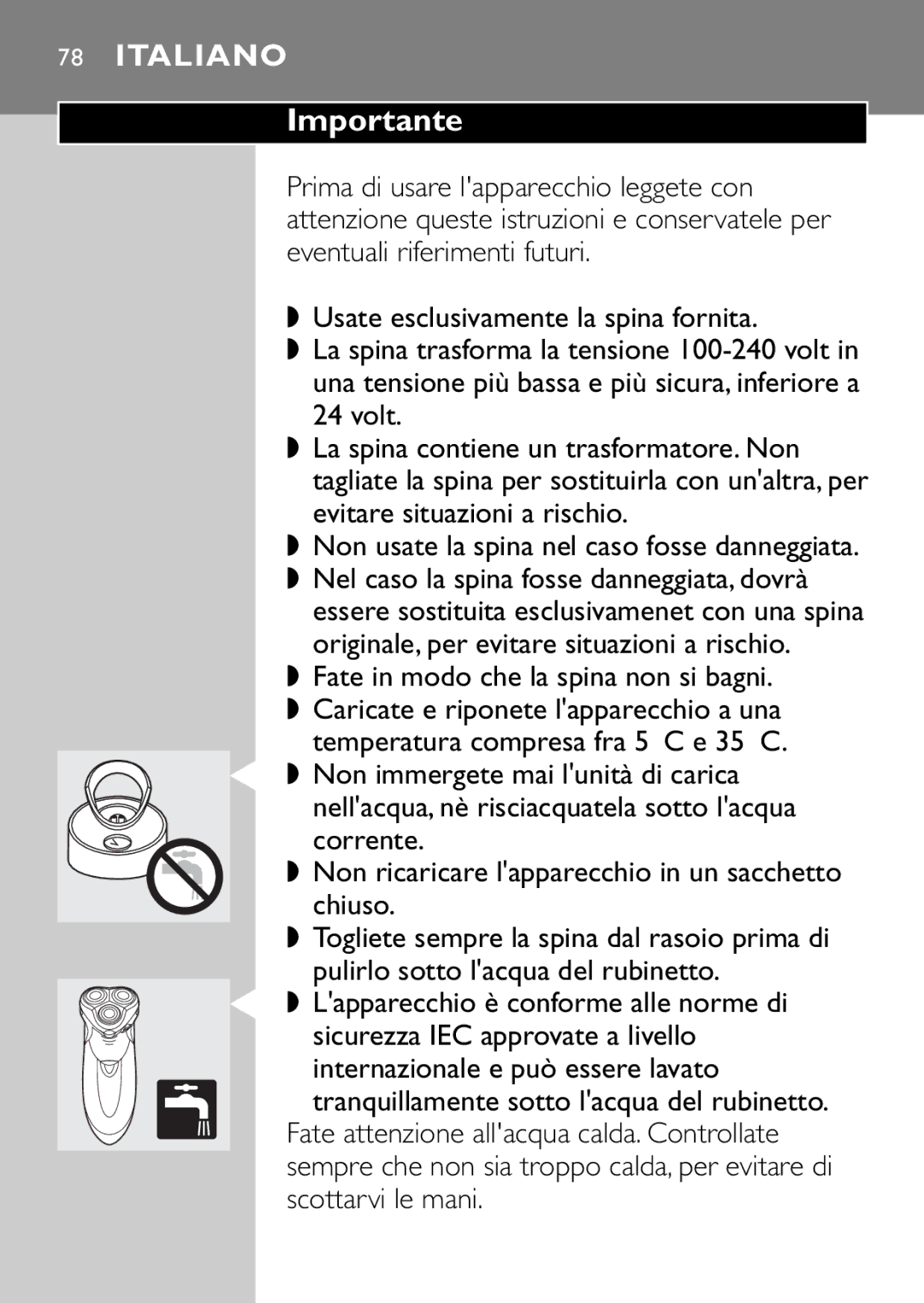 Philips HQ9160, HQ9161 manual Italiano Importante 