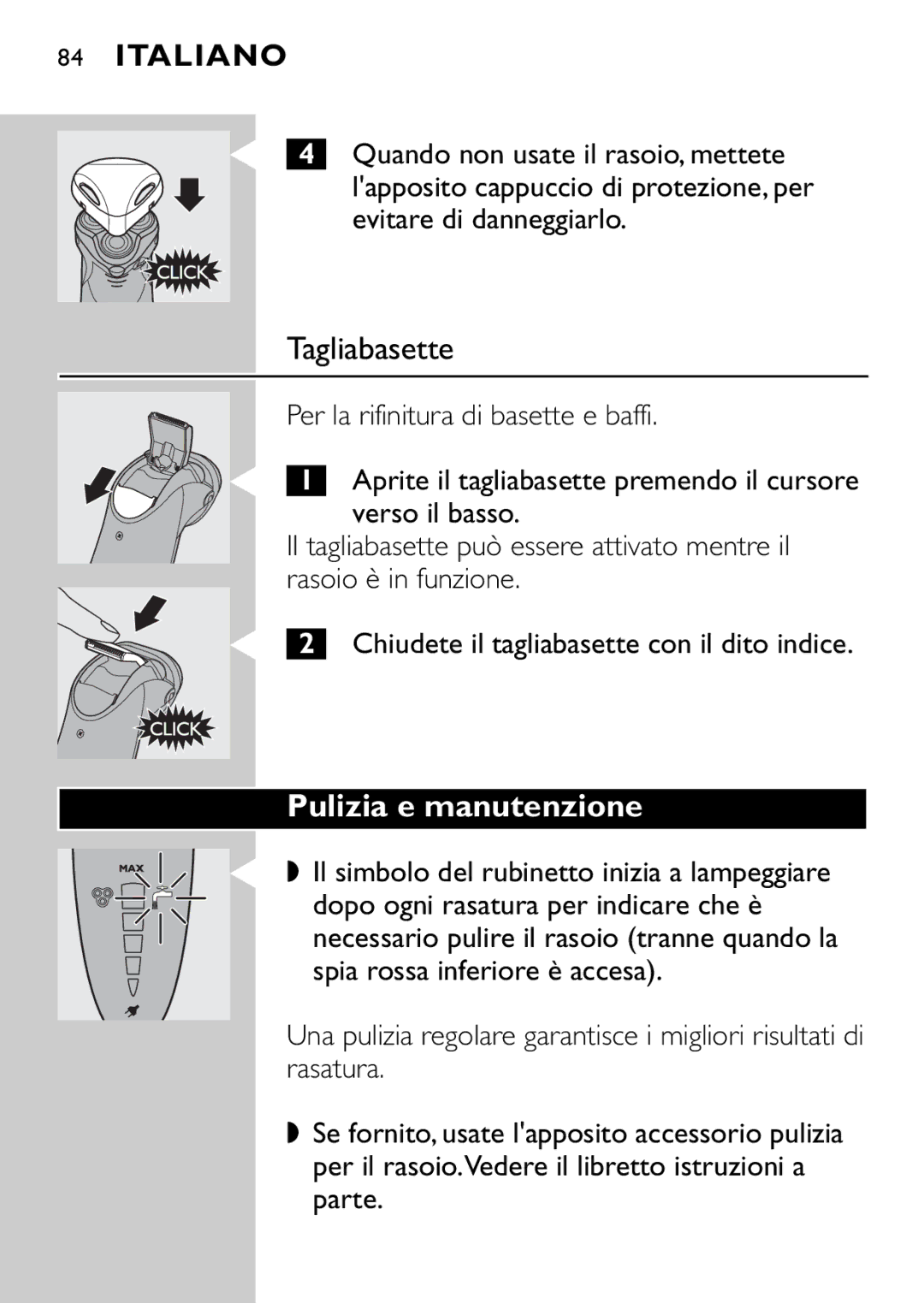 Philips HQ9160, HQ9161 manual Tagliabasette, Pulizia e manutenzione, Per la rifinitura di basette e baffi 