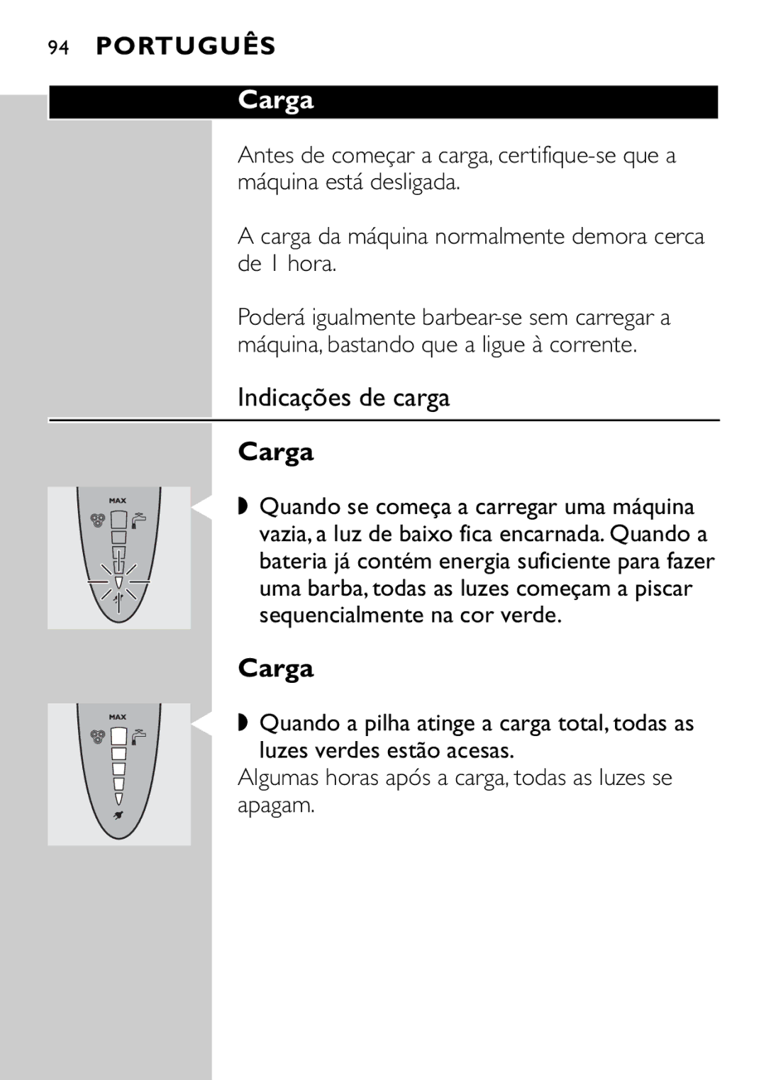 Philips HQ9160, HQ9161 manual Indicações de carga, Português Carga 