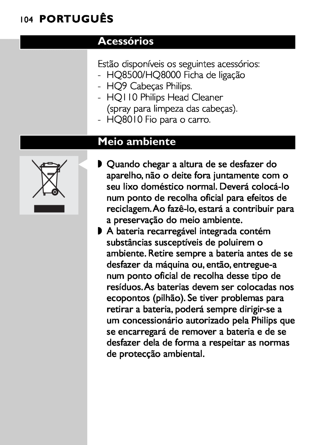 Philips HQ9160, HQ9161 manual Acessórios, Meio ambiente, Português 