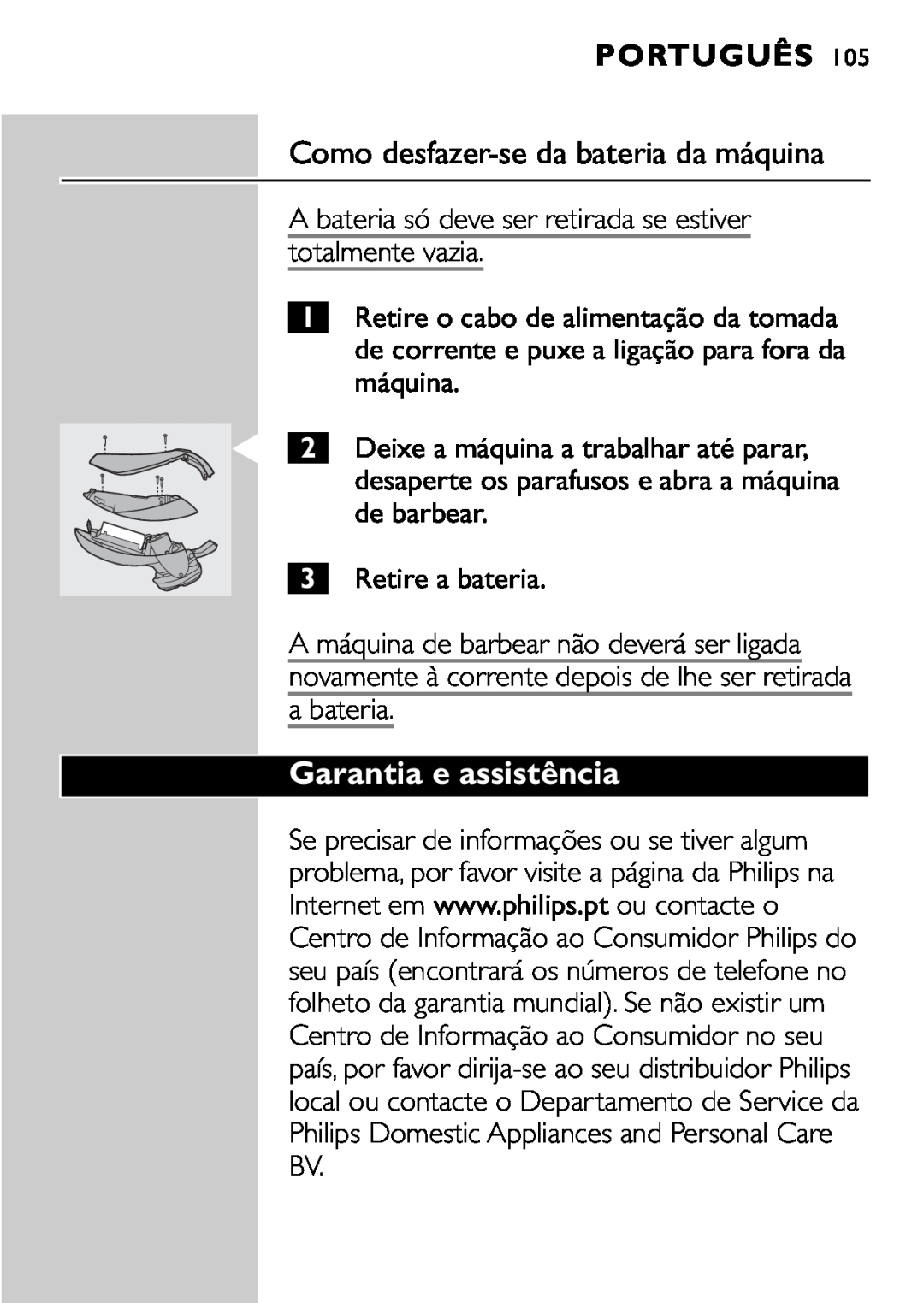 Philips HQ9161, HQ9160 manual Como desfazer-se da bateria da máquina, Garantia e assistência, Português 