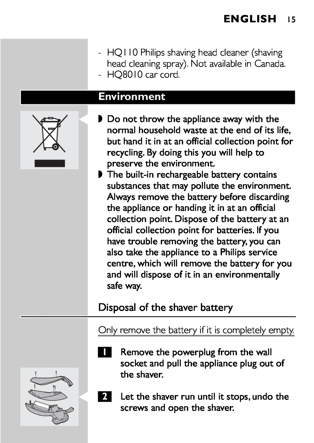 Philips HQ9161, HQ9160 manual Environment, Disposal of the shaver battery, English 