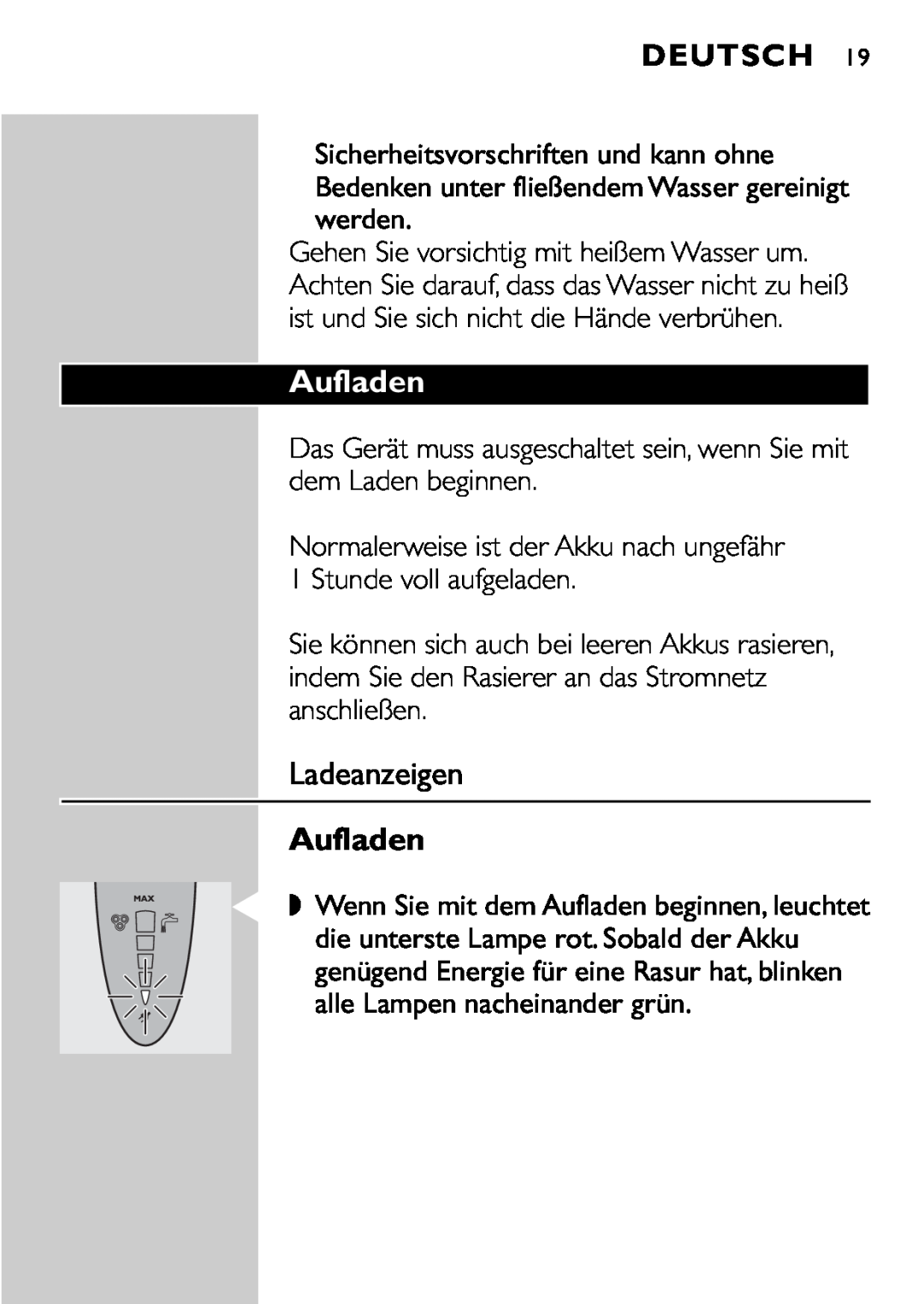 Philips HQ9161, HQ9160 manual Aufladen, Ladeanzeigen, Deutsch 