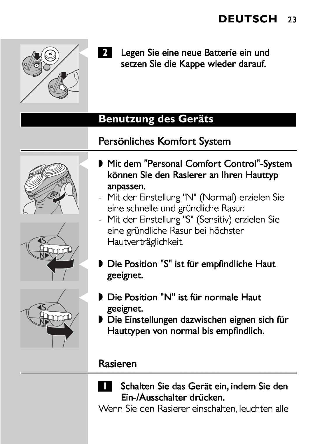 Philips HQ9161, HQ9160 manual C C C, Benutzung des Geräts, Persönliches Komfort System, Rasieren, Deutsch 