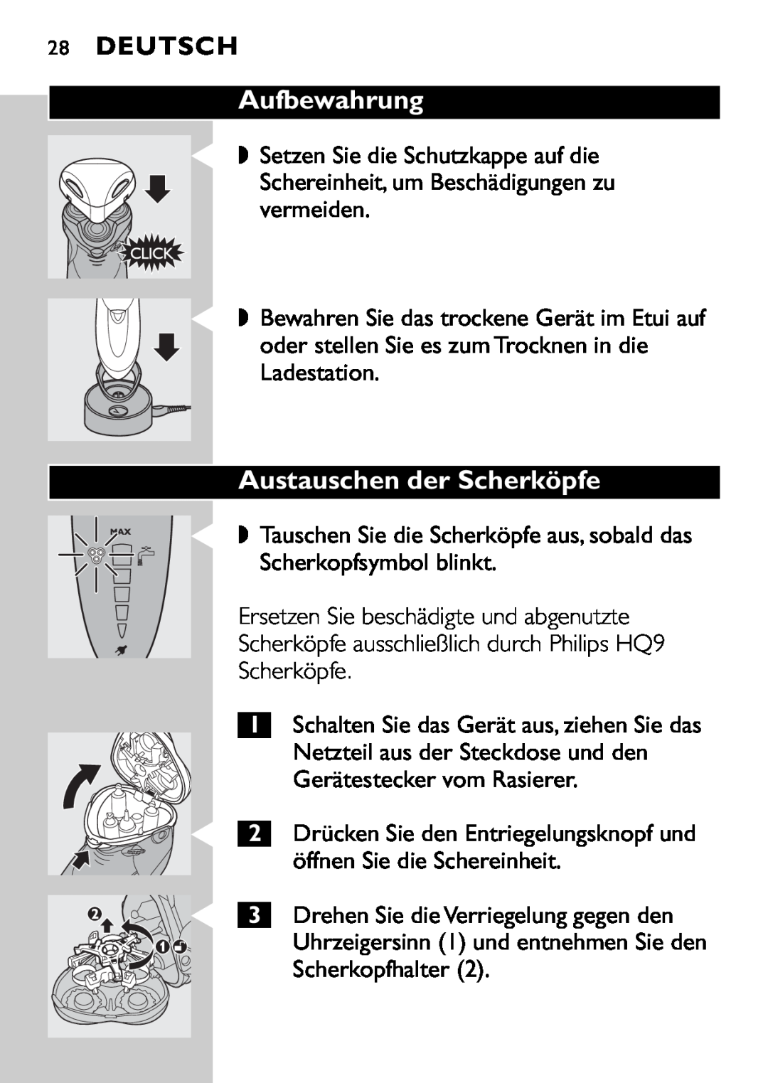 Philips HQ9160, HQ9161 manual Aufbewahrung, Austauschen der Scherköpfe, Deutsch 