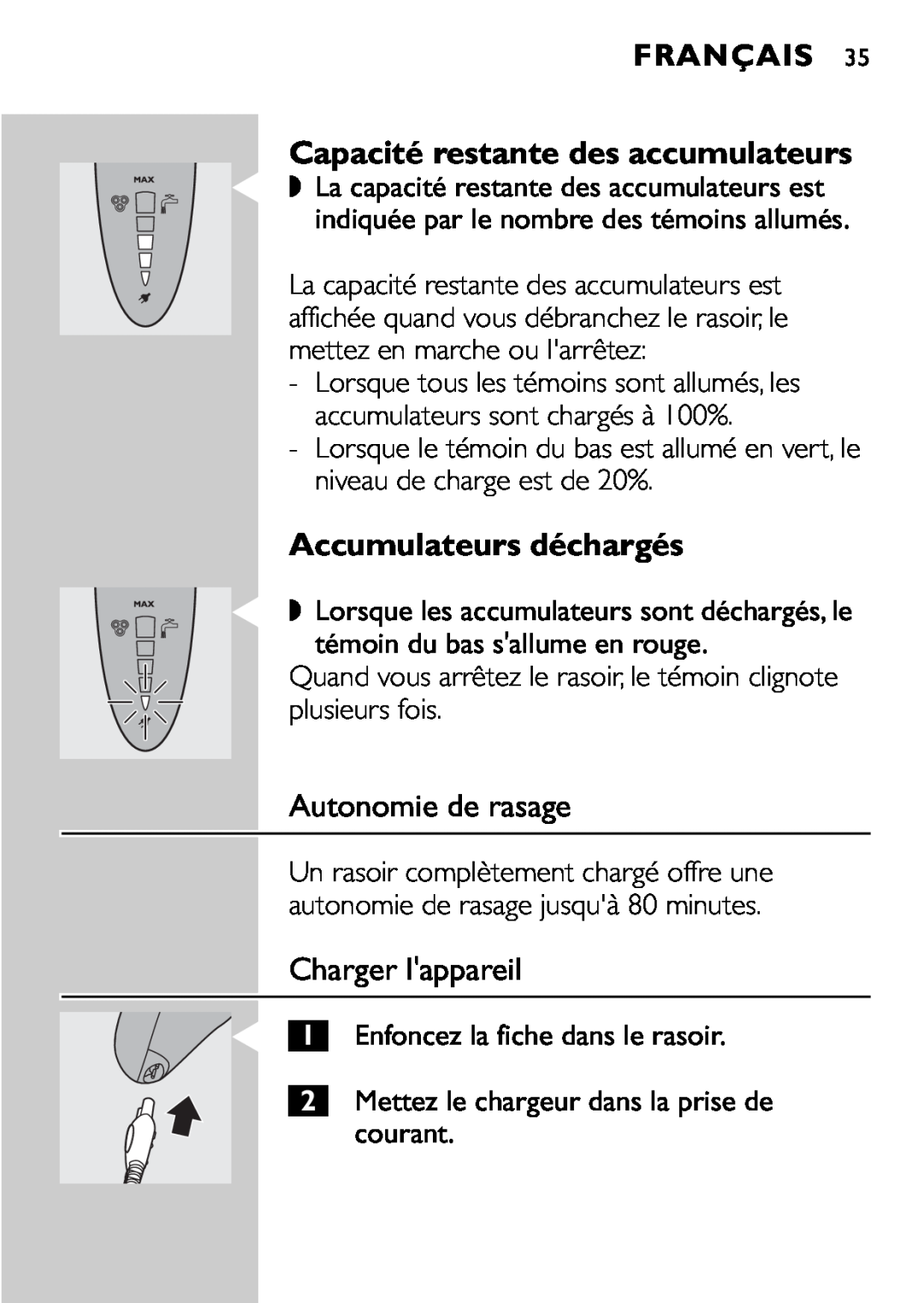 Philips HQ9161, HQ9160 manual Accumulateurs déchargés, Autonomie de rasage, Charger lappareil, Français 