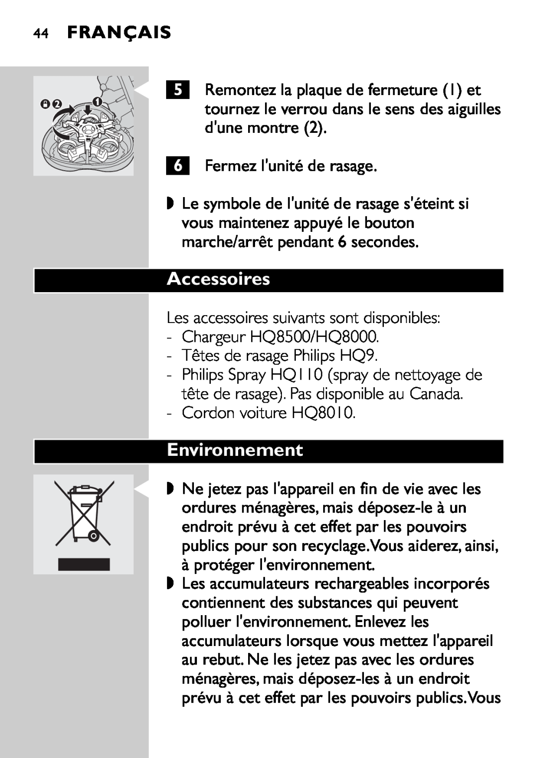 Philips HQ9160, HQ9161 manual Accessoires, Environnement, Français 