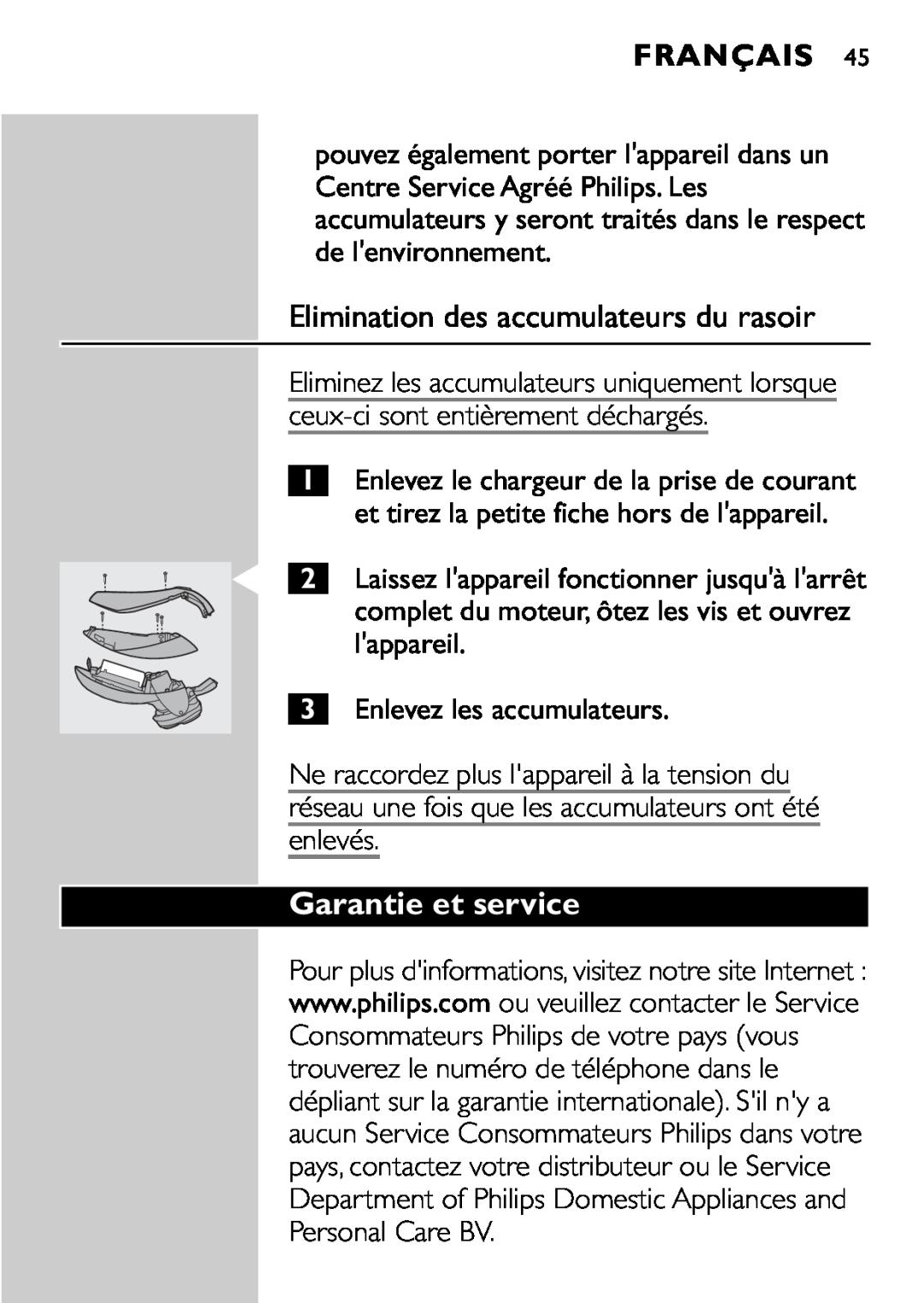 Philips HQ9161, HQ9160 manual Elimination des accumulateurs du rasoir, Garantie et service, Français 