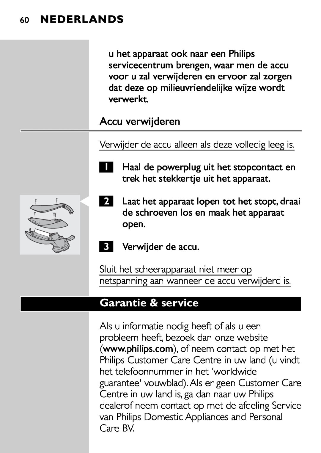 Philips HQ9160, HQ9161 manual Accu verwijderen, Garantie & service, Nederlands 