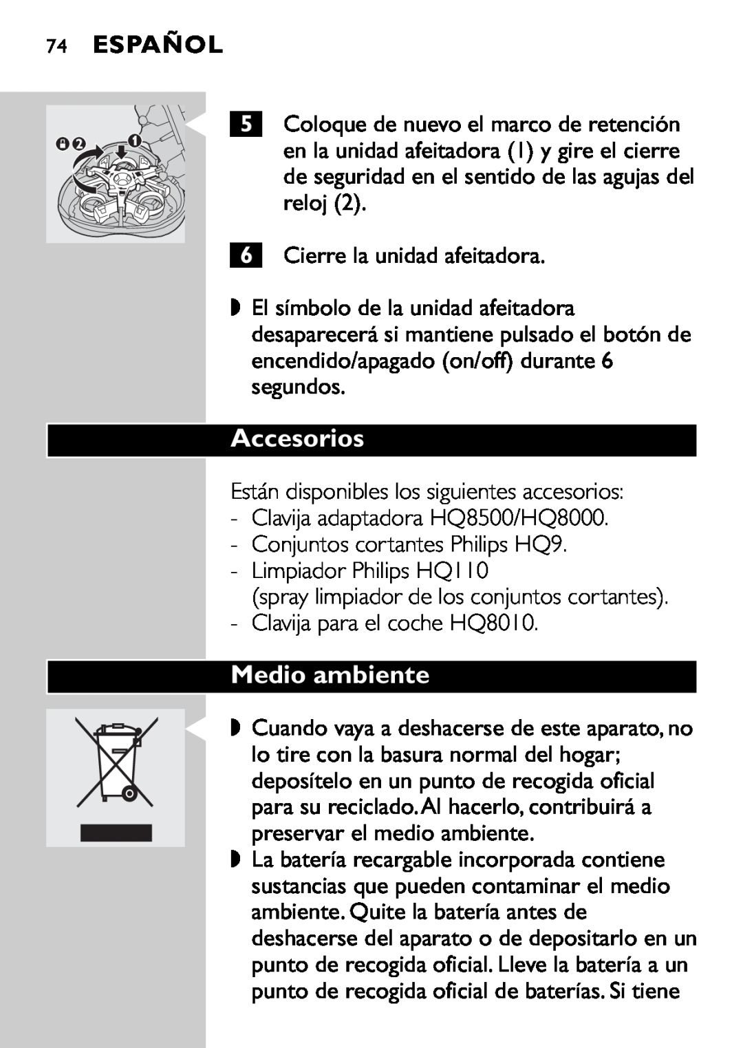 Philips HQ9160, HQ9161 manual Accesorios, Medio ambiente, Español 