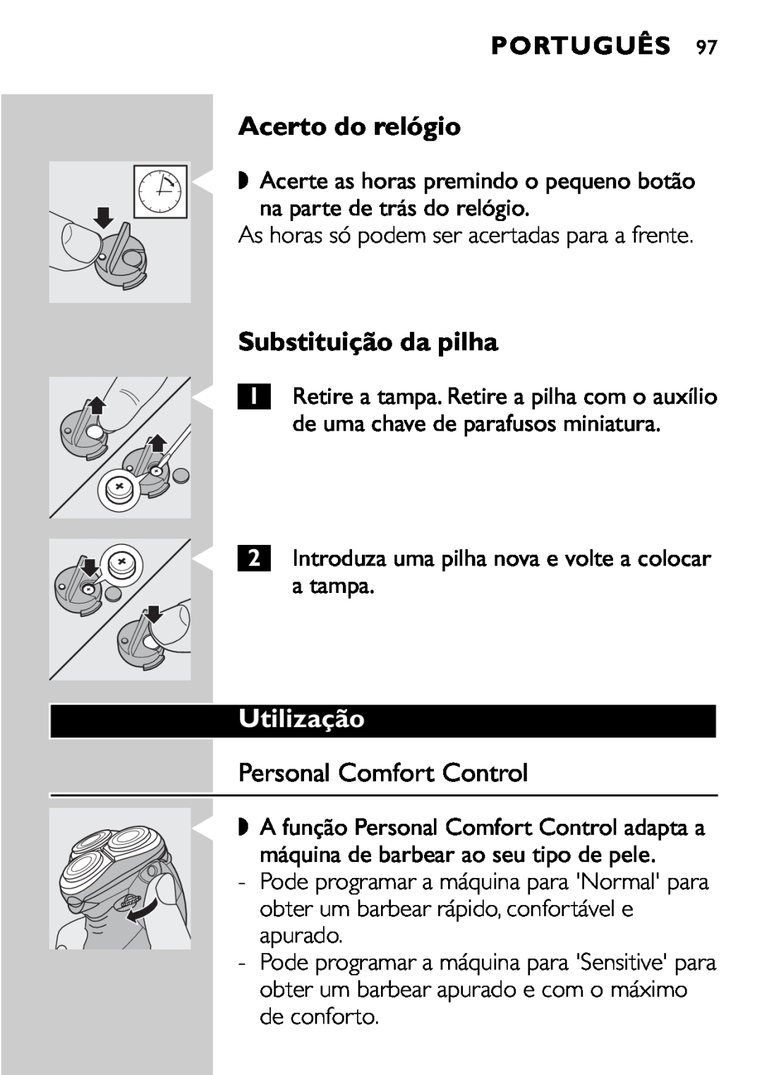 Philips HQ9161, HQ9160 manual Acerto do relógio, Substituição da pilha, Utilização, Personal Comfort Control, Português 