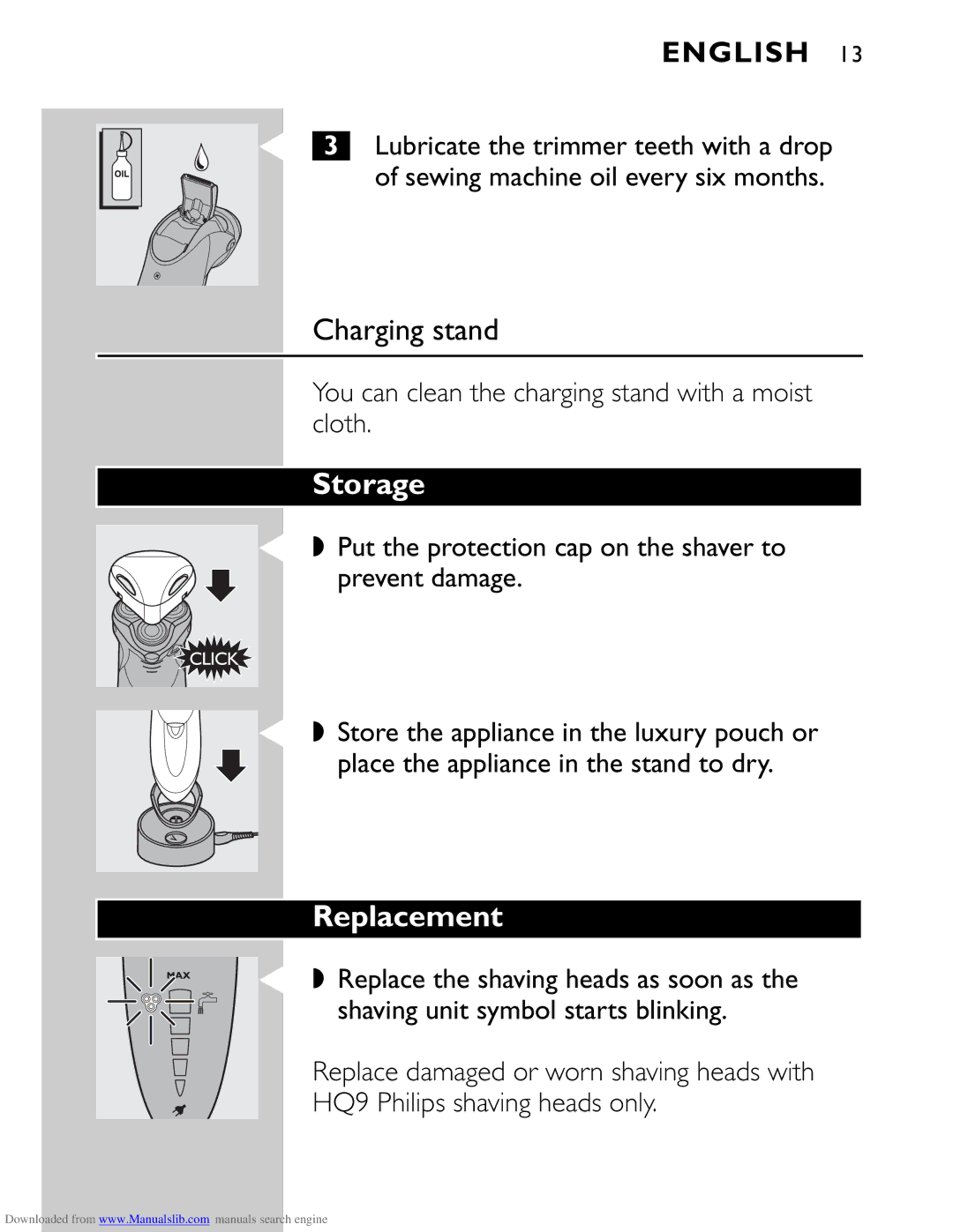 Philips HQ9160 manual Storage, Replacement, You can clean the charging stand with a moist cloth 