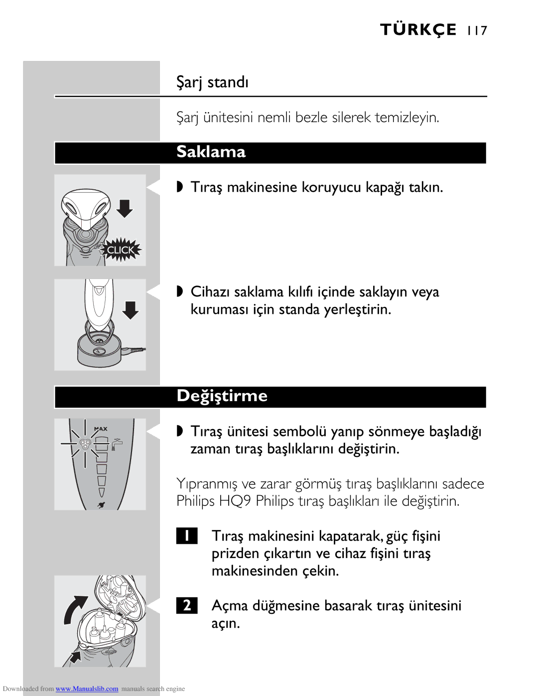 Philips HQ9160 manual Saklama, Değiştirme 